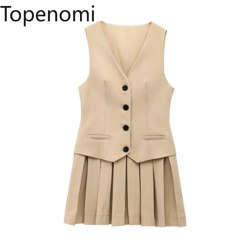 

Topenomi Elegant Office Tank Short Dress Women 2025 New Sleeveless Pleated Mini Dresses Fashion Button Casual Party Vestidos