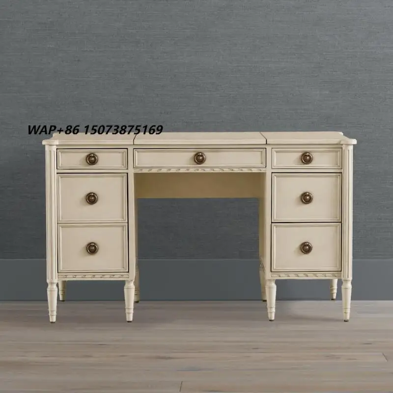 French Country Style Vintage Wooden Vanity Desk with 7 Drawers Dresser Makeup Vanity Table for Bedroom