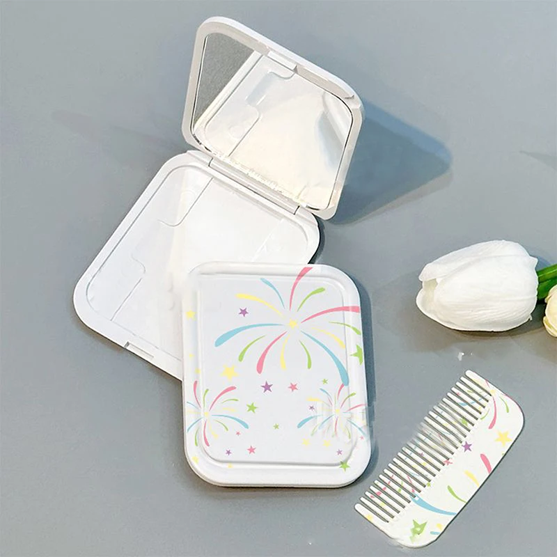 Mini specchio per trucco pieghevole con fuochi d'artificio colorati con pettine portatile carino per mini specchio per trucco portatile da donna