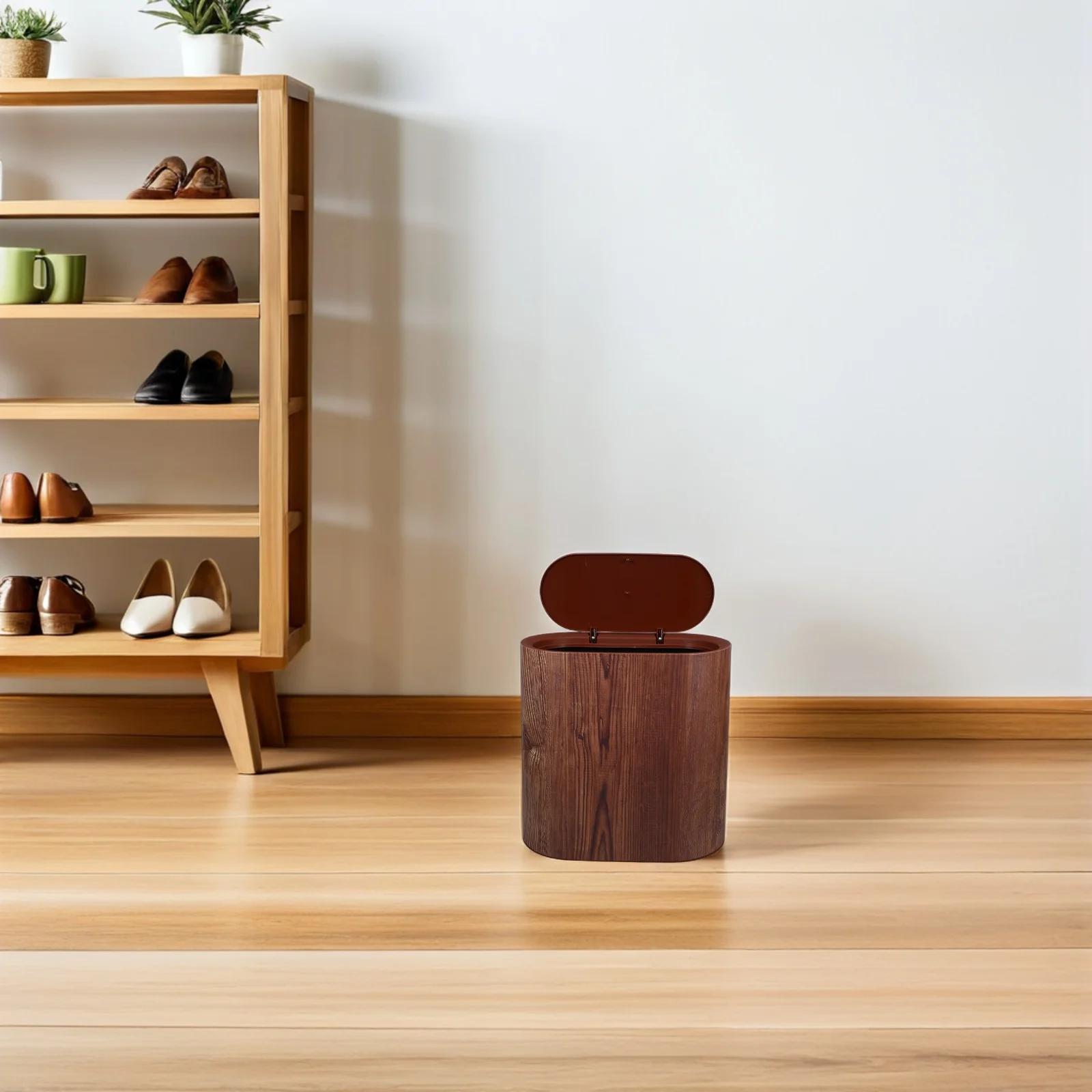 

Wood Grain Trash Can Narrow Slim Garbage Bin for Bathroom Bedroom Home Use PP Material Odor Resistant Cover Hotel Wastebasket