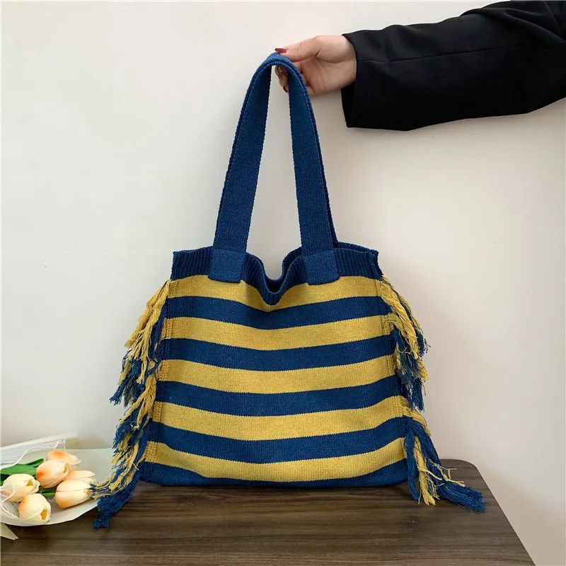 Morandi Color Striped Tassel Knit Handwoven Large Tote Womens 2023 Fashion Trend Shoulder Bag Korean Soft Eco Friendly Wholesale