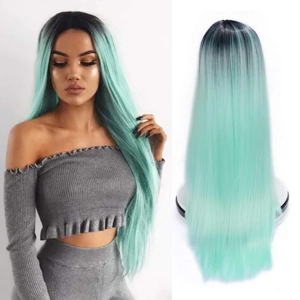 

SuQ Lace Wig Ombre Green Wig Long Straight Colorful Hair Synthetic Wigs Dark Roots to Mint Green Middle Part Natural Looking