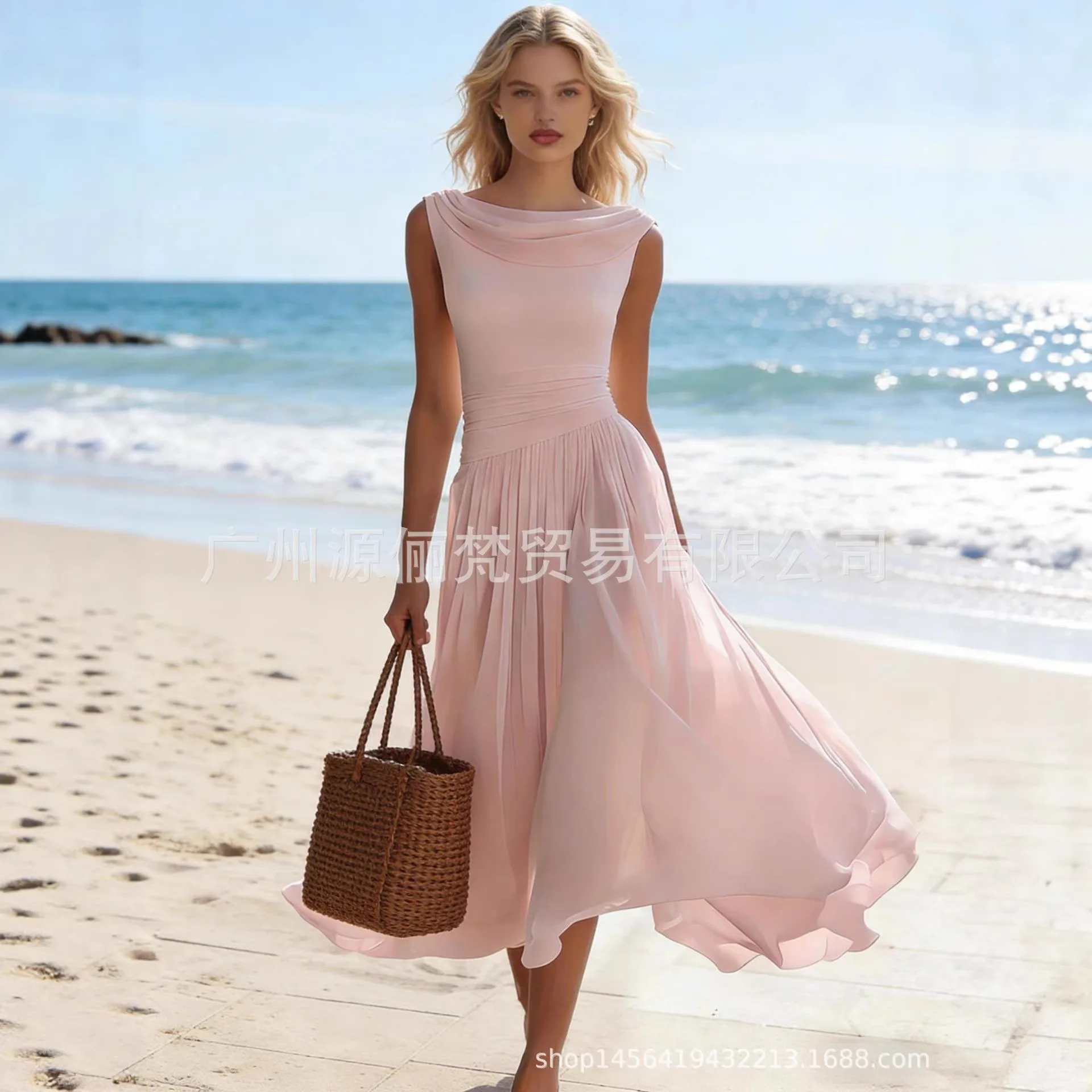 Sommer Chiffon Langes Kleid Damen 2026 Mode Einfarbig Rosa Ärmellos Schlankes Maxikleid Elegante Vestidos