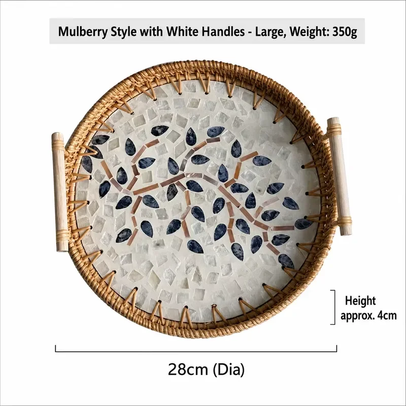Nordic Design Mulberry Style Art Mosaic Medium White Handles Handmade Wedding Gift Table Decor Woven Serving Rattan Tray
