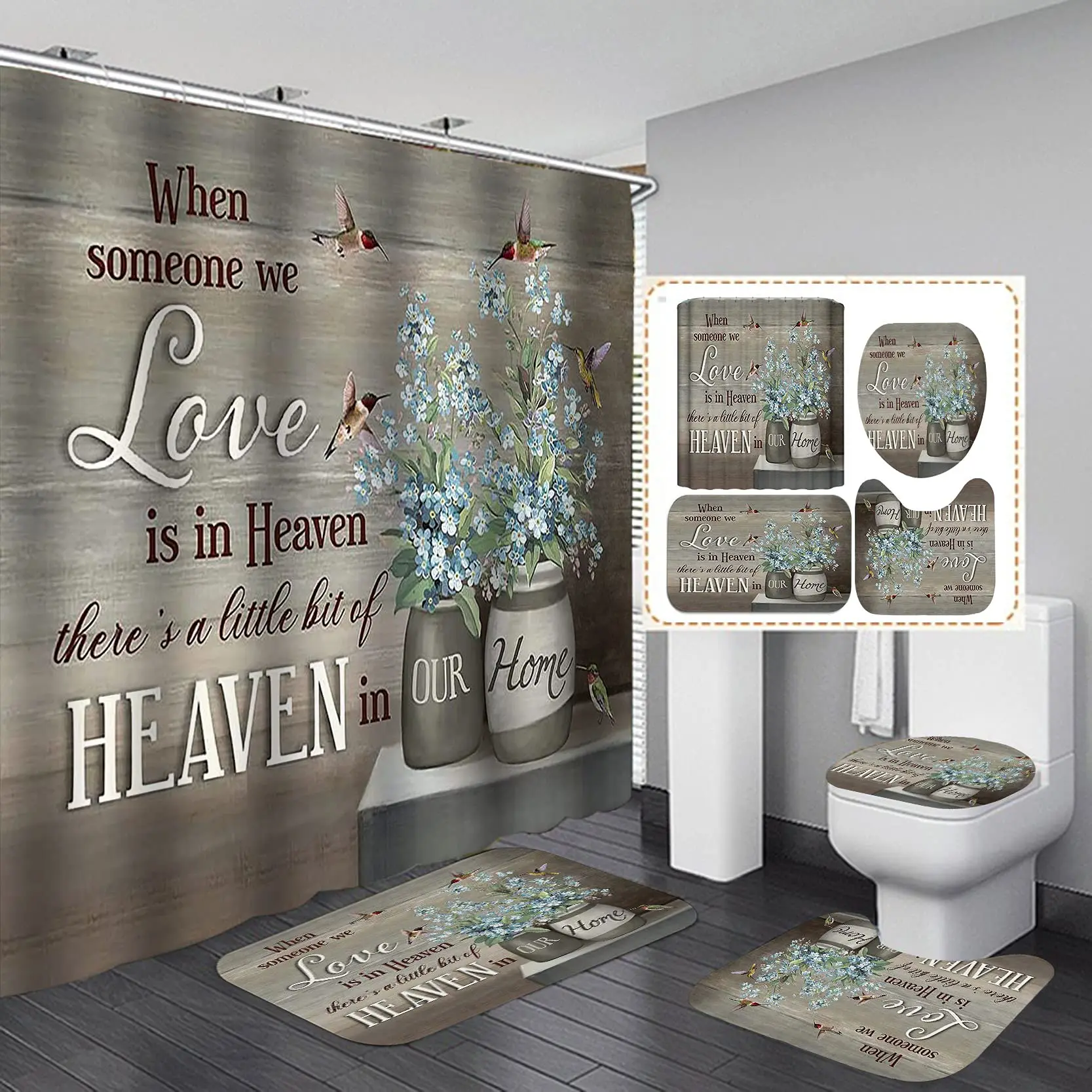 Floral Pottery Vase Shower Curtain Set Vintage Country Flower  Bird  Art Bathroom  Non-Slip Bath Rugs Toilet Mat