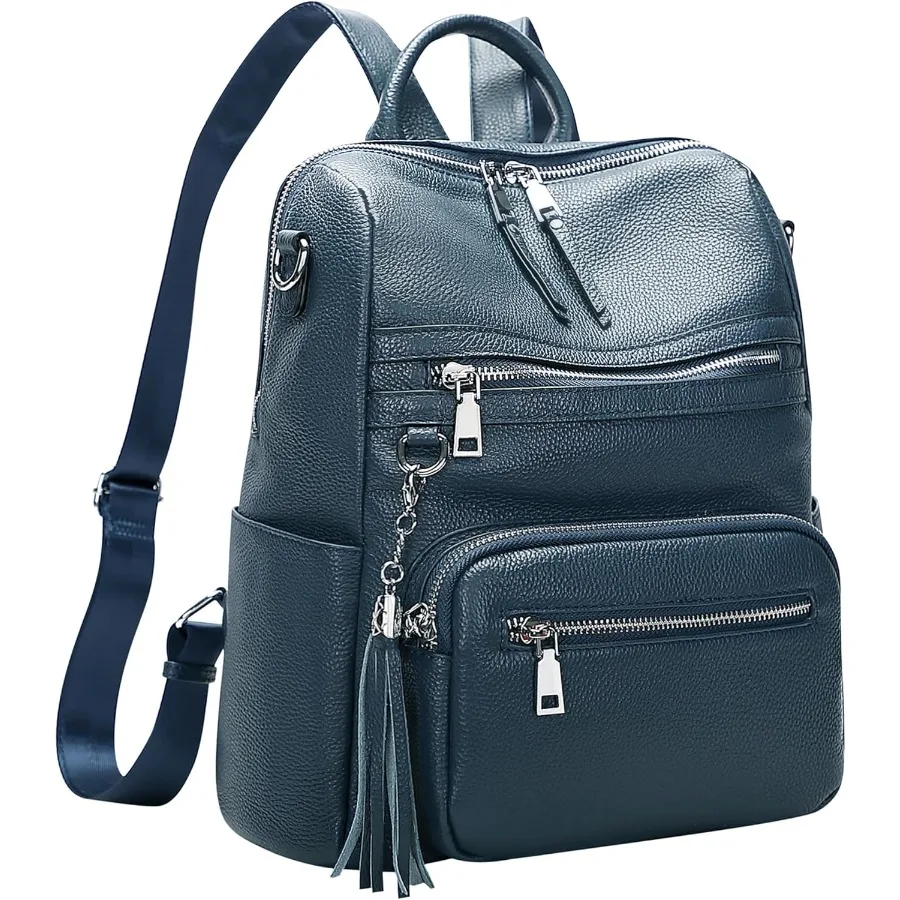 ALTOSY حقيبة ظهر من الجلد الطبيعي للنساء حقيبة كتف كبيرة مع حجرة كمبيوتر محمول جيوب متعددة S106 أزرق نيلي