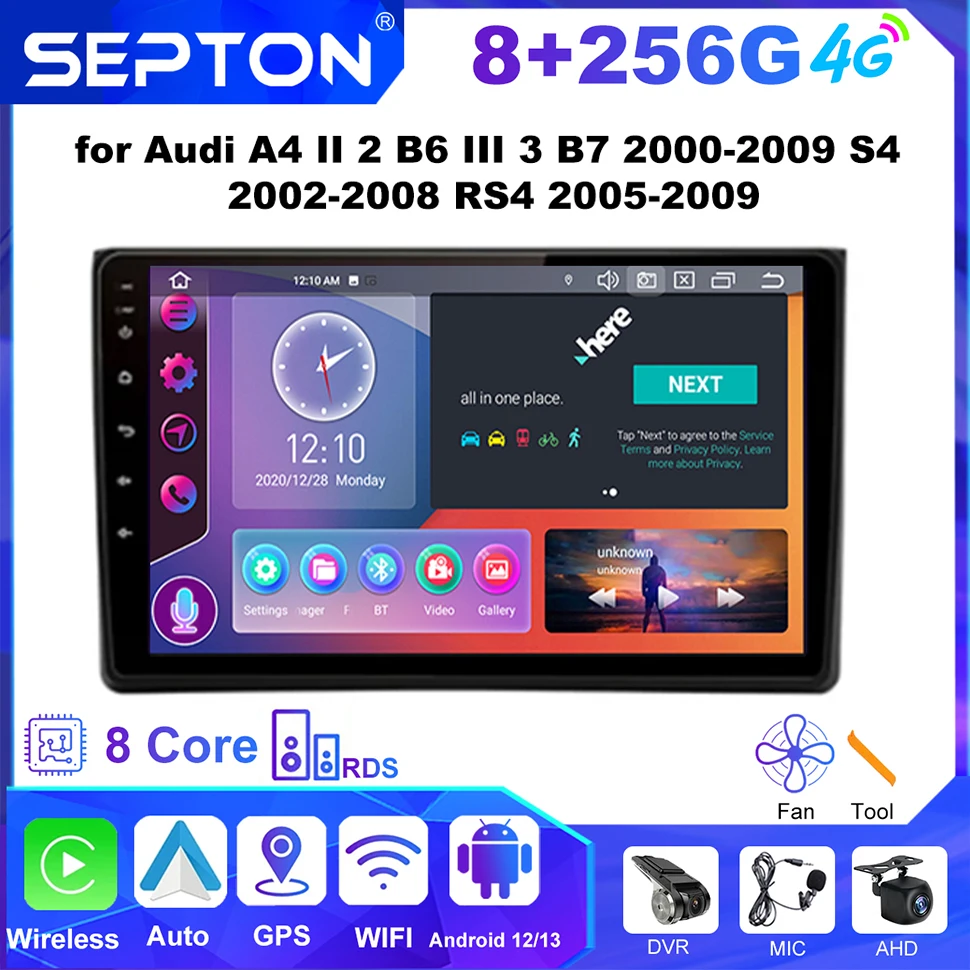 

SEPTON Android Car Radio for Audi A4 II 2 B6 III 3 B7 2000-2009 S4 2002-2008 RS4 2005-2009 Navi GPS CarPlay 4G 2 Din Multimedia