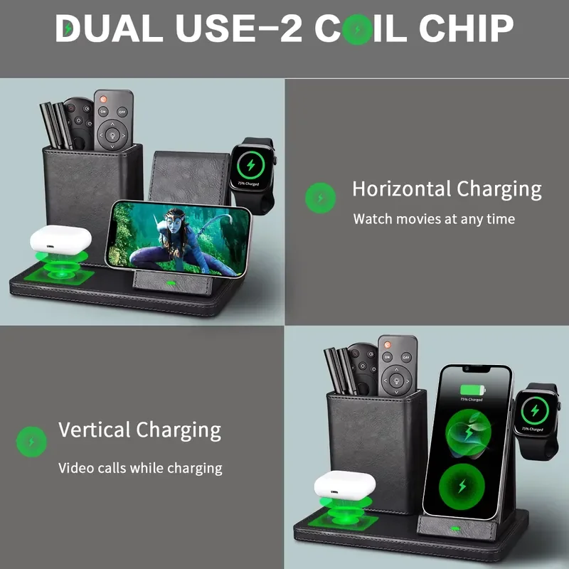 Office Supplies Desktop Desk Accessories Black Leather Remote Control Holder Desk Organizer Pen Holder With Phone Charger