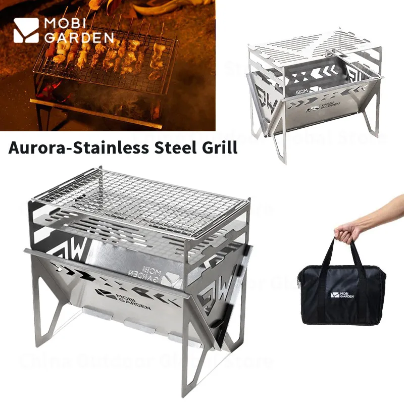 

MOBI GARDEN Folding Firewood Stove Stainless Steel BBQ Grill Adjustable Height Camping Outdoor Picnic Barbecue Portable Burner