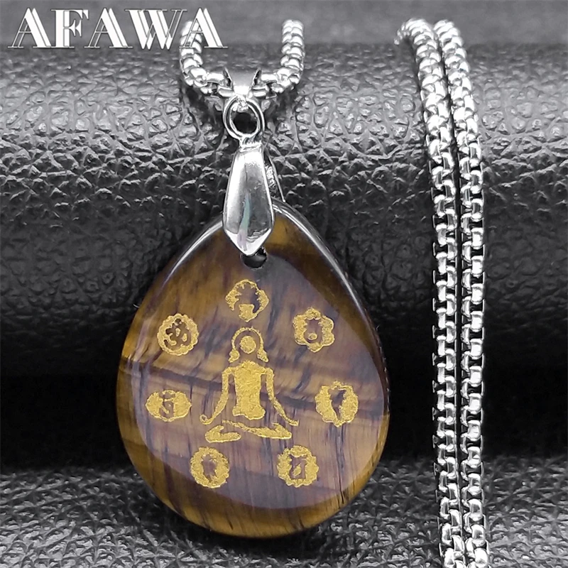 Buddhism Meditation Chakra OM Spiritual Necklace for Women Men Tiger Eye Stone Stainless Steel Buddhist Chain Jewelry NZZZ366-2