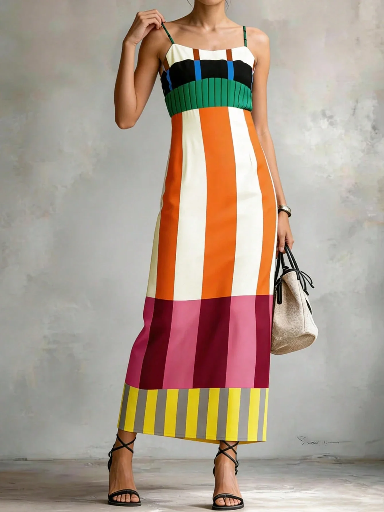 

Женское платье миди в полоску с цветовыми блоками и тонкими бретелями, повседневная летняя пляжная одежда, несколько вариантов расцветок