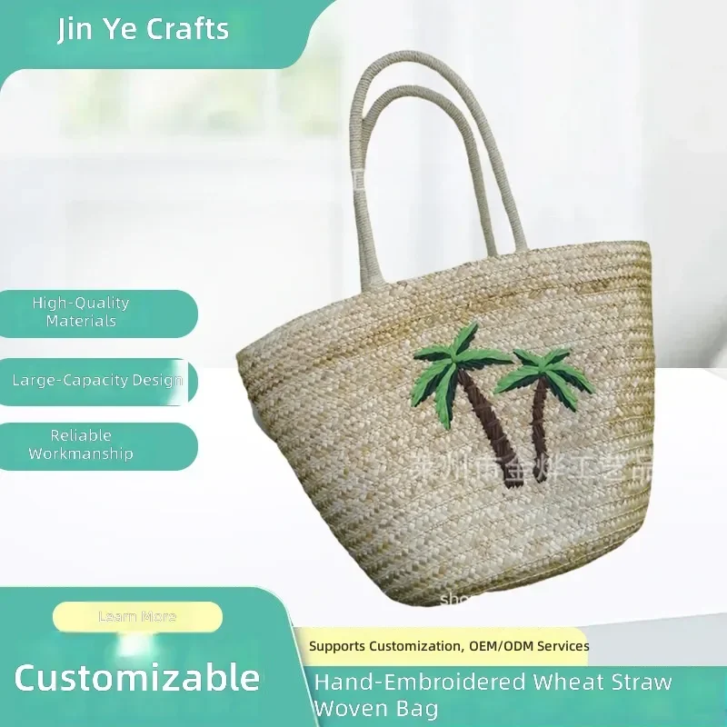 for Manufacturer Custom Hand-Embroidered Wheat Straw Woven Bag Casual Trendy Beach Women Rattan Large Capacity Bucket Bag