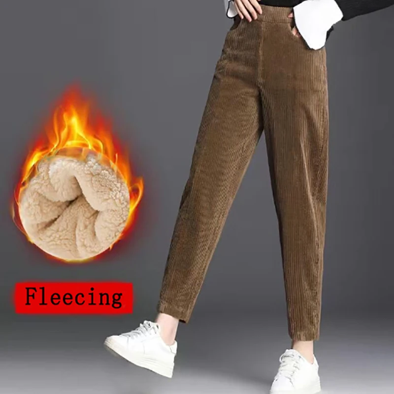 Plush Thick Casual Pants Corduroy Fleecing Warm Autumn Winter Leggings Women's Pants High Waist Office Lady Trousers Women Basic