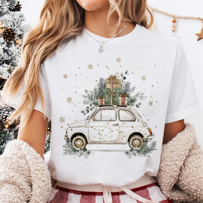 

Vintage White Car Christmas Gift Pattern Printed T-Shirt Trendy White Top Short Sleeve O-Neck Style Casual Women's Cartoon T-Shi