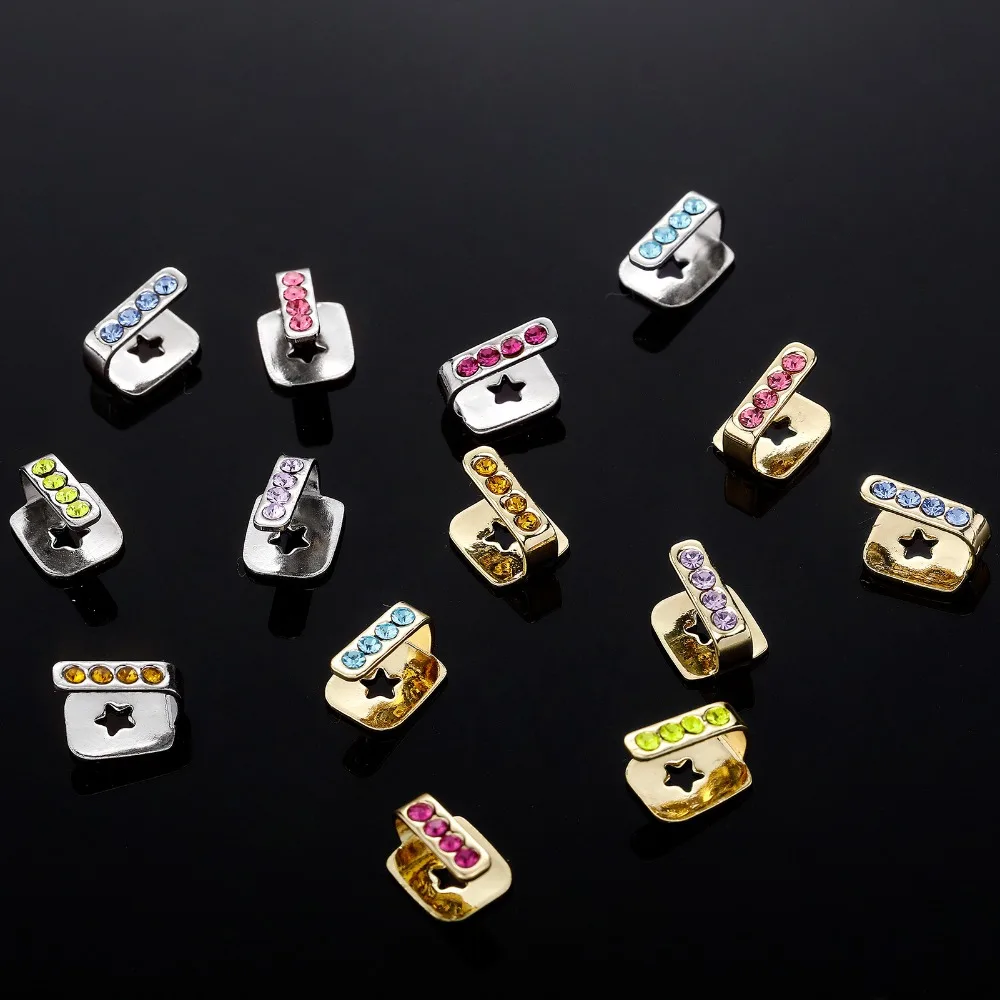 5 pçs decoração de dente 14k banhado a ouro grillz suporte de metal dentes cruz redonda cristal ouro lacuna grillz hip hop suspensórios falsos