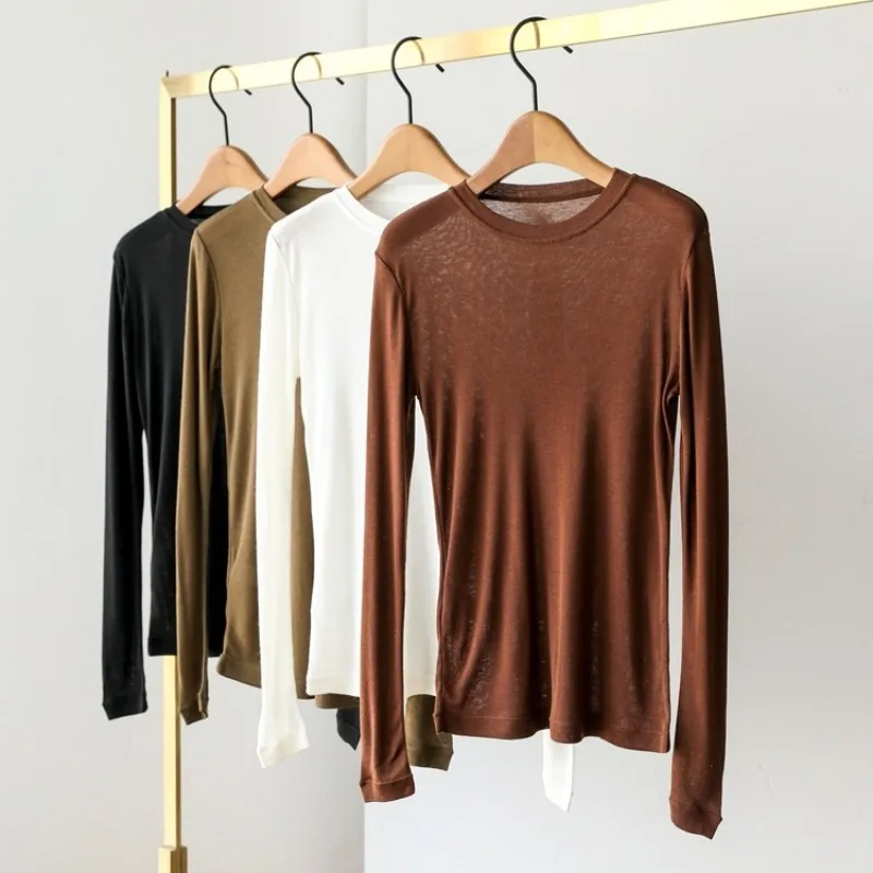 LUXURY Pullovers Autumn Wool Round Neck Solid Color Long-sleeved Solid Color Basic Base T-shirt Women Sweater