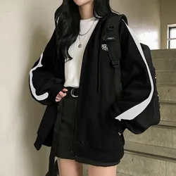 Harajuku Women Sweatshirts Korean Version Oversized Solid Zip Up Hoodies Jacket Retro Long Sleeve Fleece Hooded Sweatshirt Coats