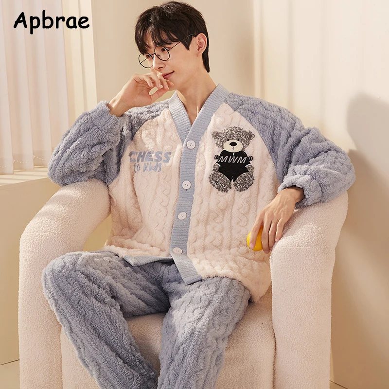 Winter L-3XL Mens Pajamas Set Thick Flannel Sleepwear for Men Bear Print Man\'s Warm Long Sleeves Pijamas Kimono Loungewear