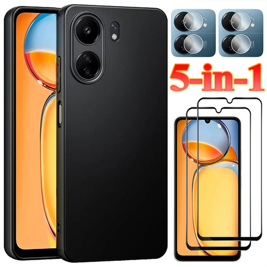 

5-in-1, Tempered Glass + TPU Case for Redmi 13C/Poco C65 Soft Anti-shock Back Phone Cases Poco C 65 Cover Xiaomi Redmi 13 C Case