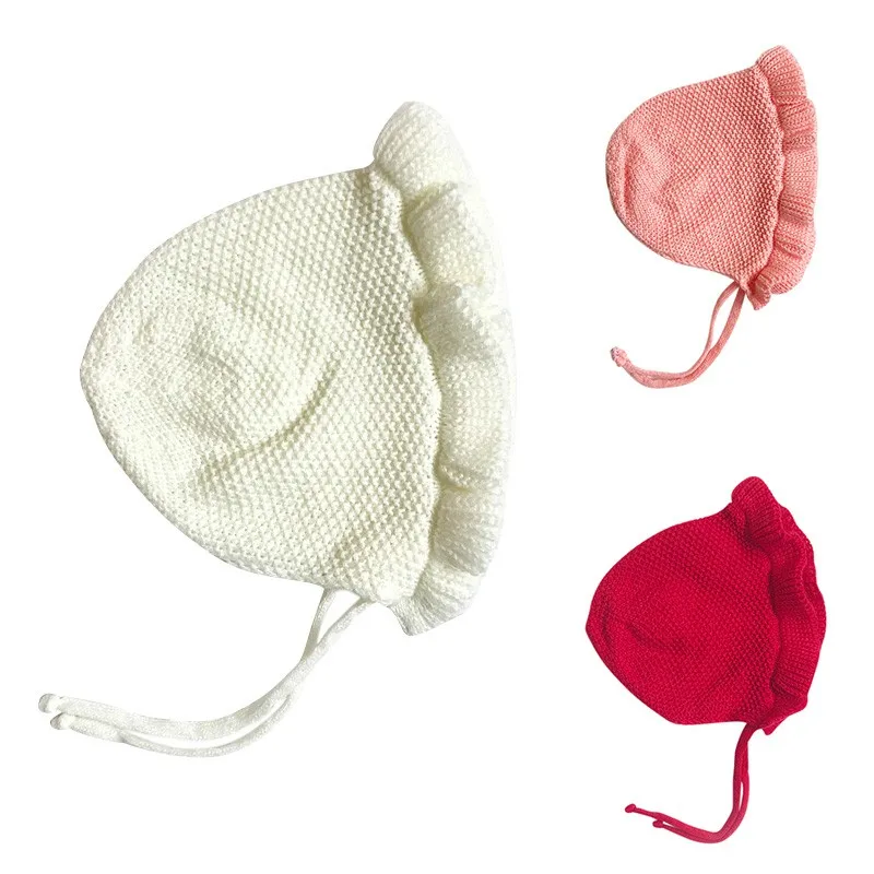 Everything Cute Fashion Elegant Pleated Lace Baby Hat Warm Winter Baby Baptism Hat Soft Cotton Baby Girl Solid Color Soft Hat