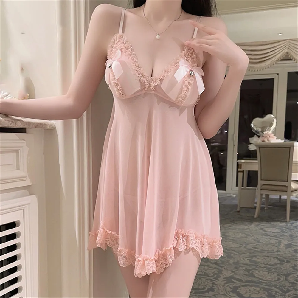 

Women's Applique Sleepwear Mesh Nightgown Sexy Lace Suspender Nightdress Homewear Loungewear