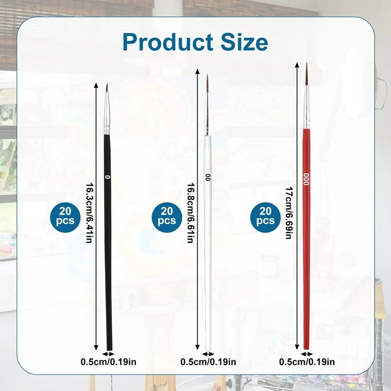 Pinceaux à peinture fins miniatures avec pointe mini, pinceaux à huile Tiny Liner, 3 pinceaux fins TANMiniature, 0, 00, 000, 60 pièces