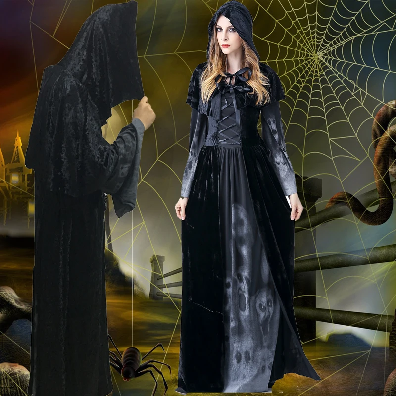 ชุดคอสเพลย์ผู้ใหญ่ธีมวันฮาโลวีน ชุดโครงกระดูกเทพแห่งความตาย ชุดพ่อมดสำหรับการแสดงบนเวที ชุดแม่มด ทำจากเส้นใยโพลีเอสเตอร์ 100%