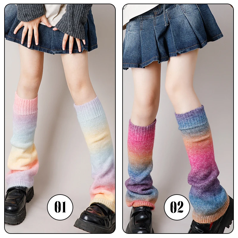 Women Lolita Leg Warmer Knit Over Knee Socks Sweet Gradient Rainbow Color Knitted Stocking Boot Cuff Ankle Warmer