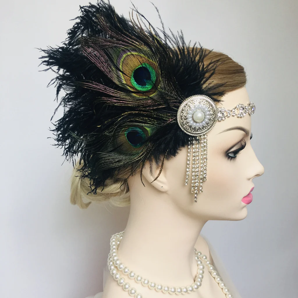 

Повязка на голову 1920-х годов с перьями павлина, ревущая повязка для волос Showgirl, повязка для волос Great Gatsby, аксессуары для волос 머리뭉 резинки для волос 헤어 فا드