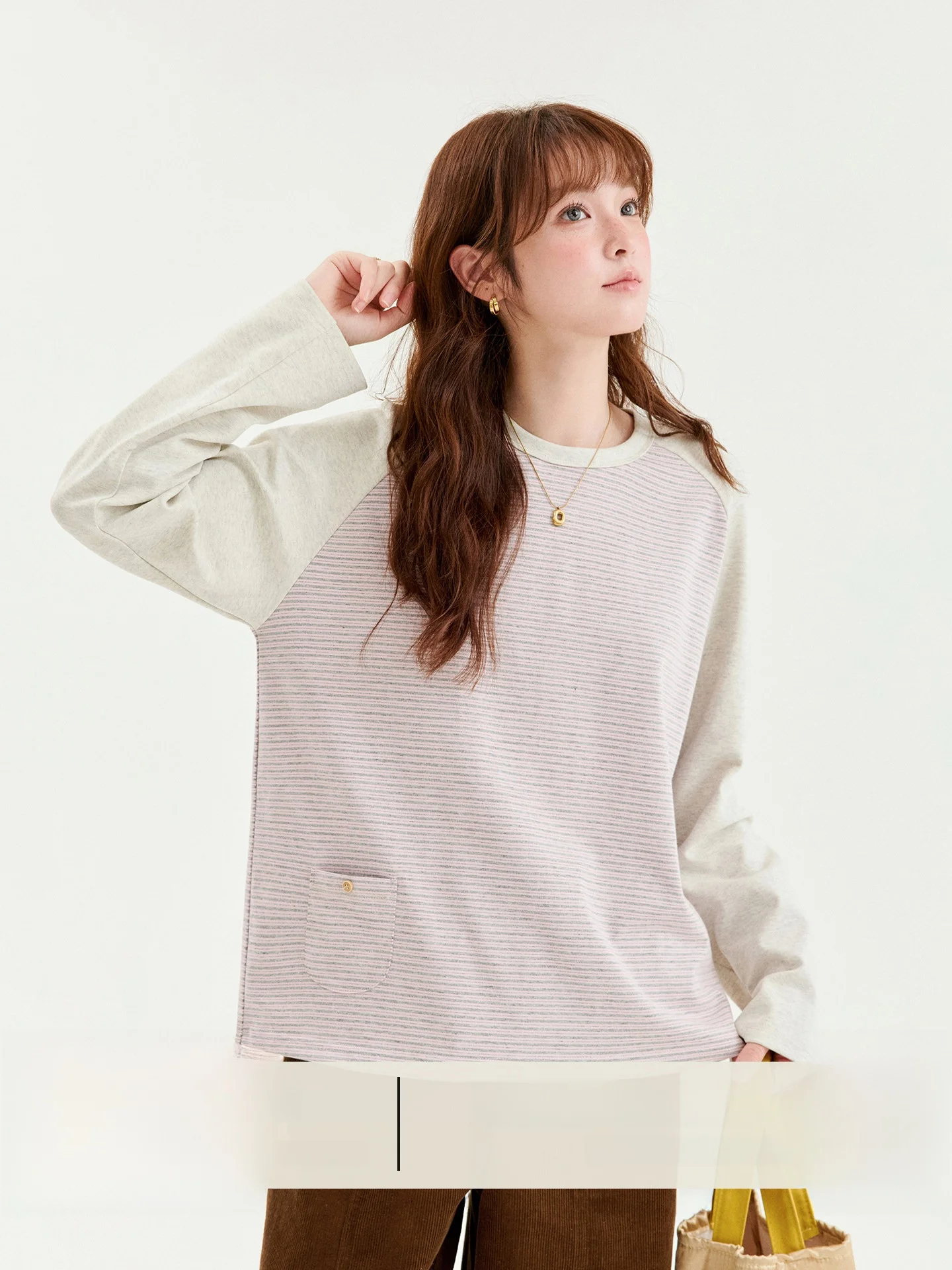 Sweet Color Block Stripe Long Sleeve Pocket T-Shirt Women's Autumn New Style Girl Feeling Top North Island AMUU Original Design