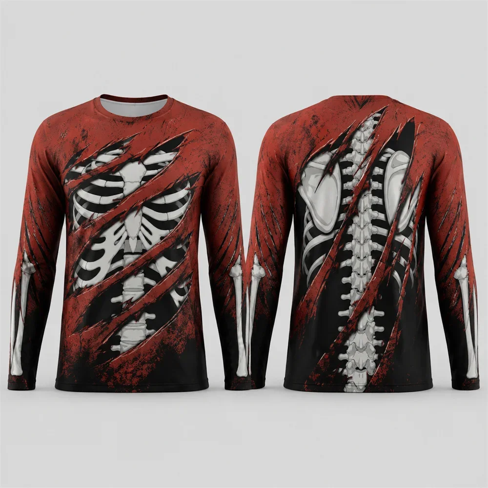 olyester 3D Print Men Long Sleeve T-shirt Crew Neck Skeleton Ribcage Double Sided Halloween Graphic Casual Tees