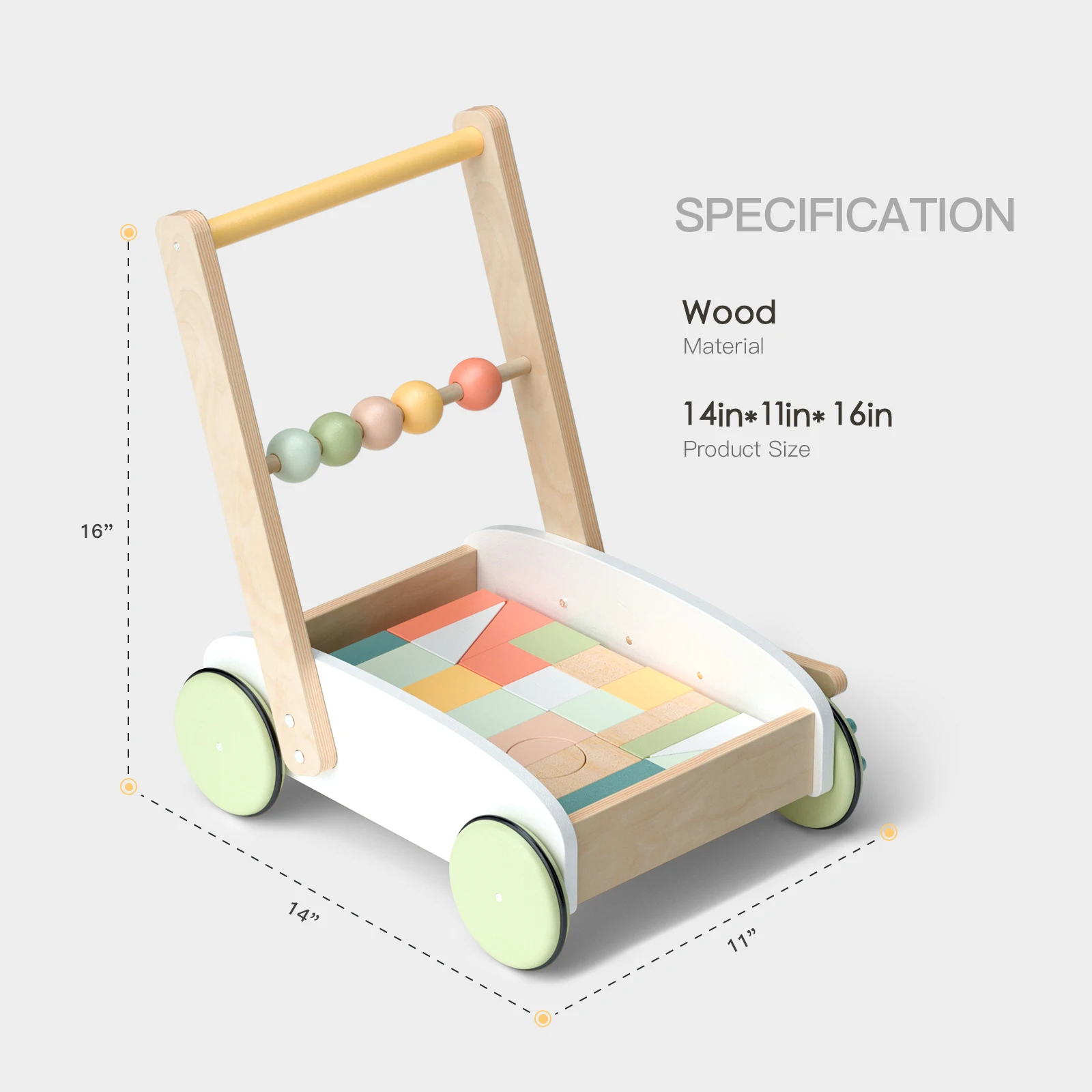 Andador de madera para bebé con bloques de construcción, juguetes de empuje para bebés, aprender a caminar