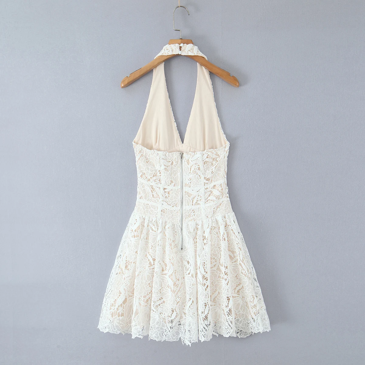 Sukienka damska 2025, seksowna, beżowa, haftowana, ażurowa, koronkowa, z dekoltem w serek, typu halter, dopasowana, z niskim stanem, marszczona, rozkloszowana, balowa, krótka, sukienka, szlafrok.