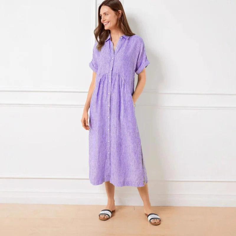 Abito camicia a righe da donna taglie forti - Abito midi in misto lino a maniche corte vestibilità ampia per l'estate