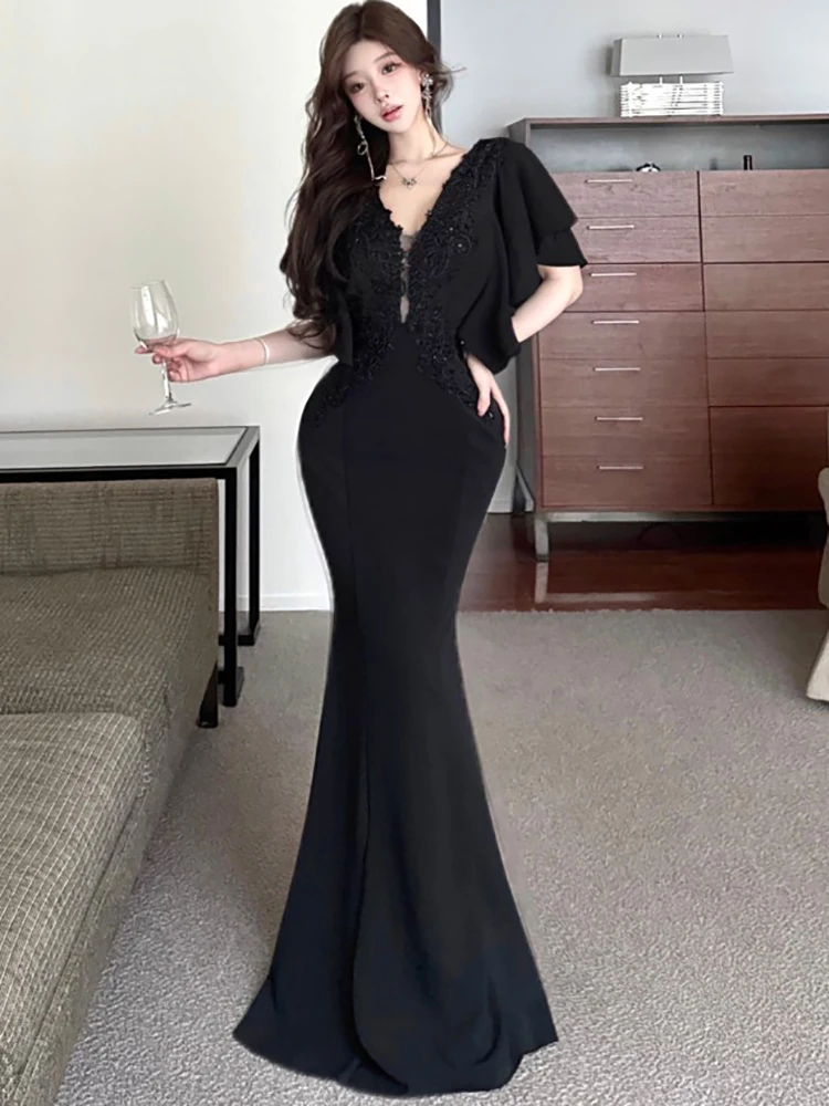 2025 branco cetim retalhos rendas oco para fora com decote em v sexy vestido longo feminino festa de luxo vestido de noite verão coreano vestidos elegantes