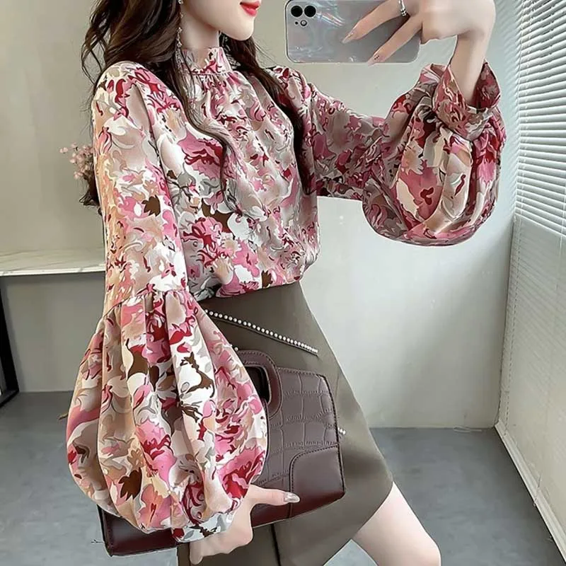 Vintage Printing Folds Floral Lantern Sleeve Blouses Women Clothing 2024 Spring Summer New Loose Korean Tops Office Lady Shirts