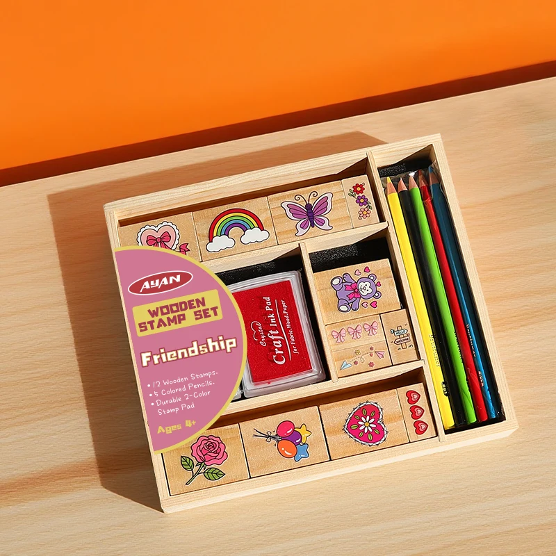 Wooden Stamp Set:Horse Stable，Friendship，Vehicles，Dinosaur  theme，12 Stamps, 5 Colored Pencils, 2-Color Stamp Pad