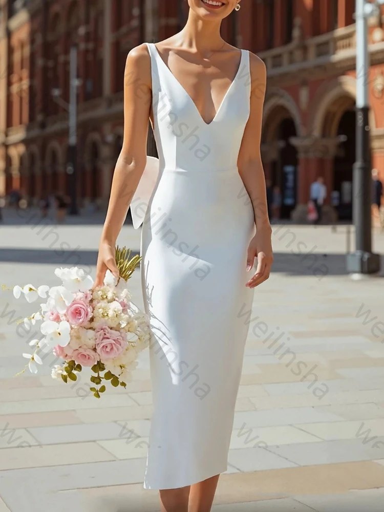 Elegant White V-Neck Sheath Midi Courthouse Wedding Dresses Sexy Bridal Dress Exquisite High Quality Prom Party Gowns Customized