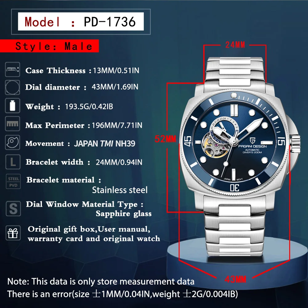 2025PAGANI DESIGN 43mm fashion men's automatic mechanical watch top AR sapphire mirror NH39 waterproof 200m men's watch gift box