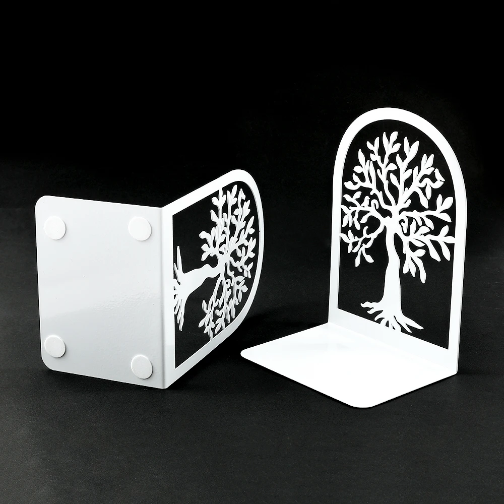 2 Pcs White Tree of Life Desktop Book Ends Office Desktop Home Bookend Gift for Book Loves Heavy Duty Iron Book Rack