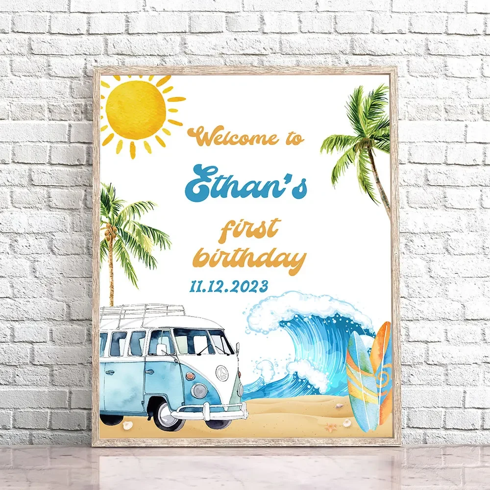 Camper Van Baptism Birthday Welcome Sign Poster Surf  Baby Shower Custom Art Print Canvas Painting Wall Picture Party Decor