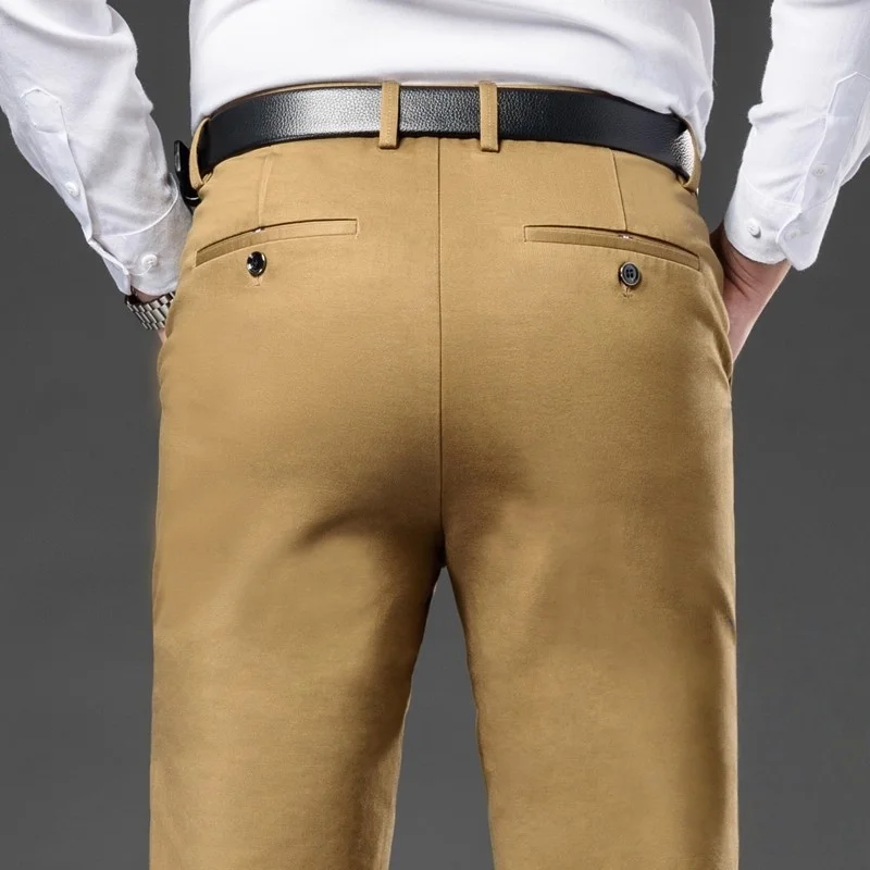 

High Waist Deep Rise Casual Pants Black Brown Khaki Straight 100% Cotton Autumn Trousers for Male Size 29-38 40 42 Mens Pants