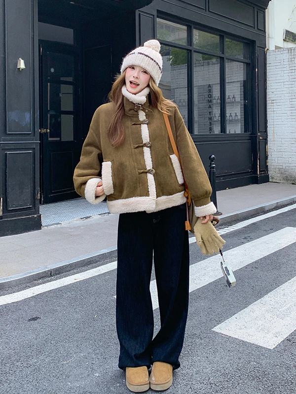 Women's Fce Lined Thiened Lamb Fur Jaet ort Sle Autumn Winter New Arrival Warm Top Faion Versatile Loose Fit Lon...