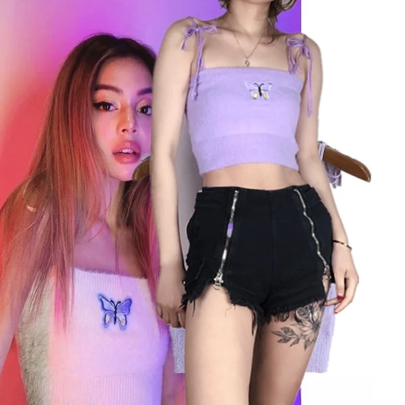 

Gold HyunA Embroidery Furry ter Summer ort Crop Top Boting Belted Vest Street Sle Women's Faion