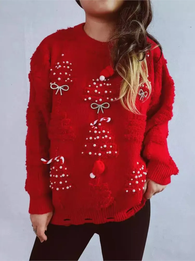 

Autumn Winter Christmas Three-dimensional Decorative Fleece Sweater Long-sleeved Pullover Round-neck Versatile Knitted Sweater