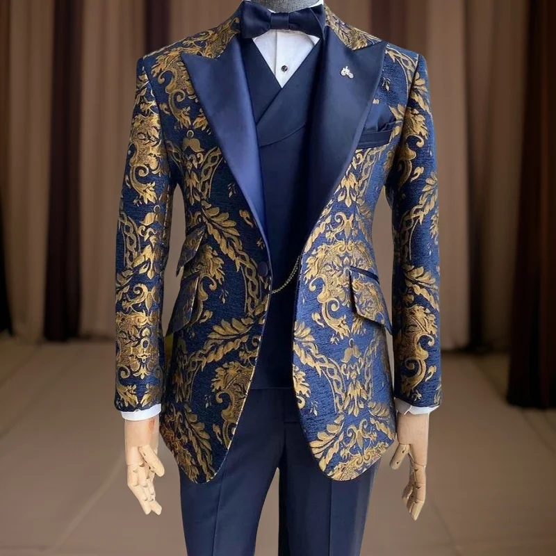 

Jacquard Floral Tuxedo Suits for Men 2024 Wedding Slim Fit Navy Blue Gentleman Jacket with Vest Pant 3 Pieces Male Costume