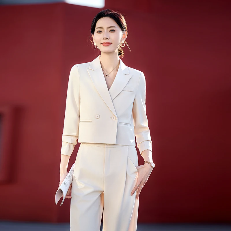 NAVIU Set da due pezzi Completi da donna 2025 Nuove signore da ufficio Elegante manica lunga Allentato Solido Giacca corta e pantaloni Abbigliamento da lavoro