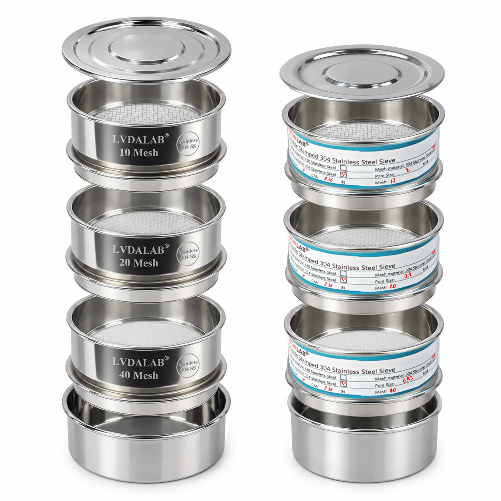 DXY 6cm 10cm Full 304 Stainless Steel Lab Test Sieve Set Precision Mesh Sifter With Pan and Lid for Soil Coffee Flour Powder
