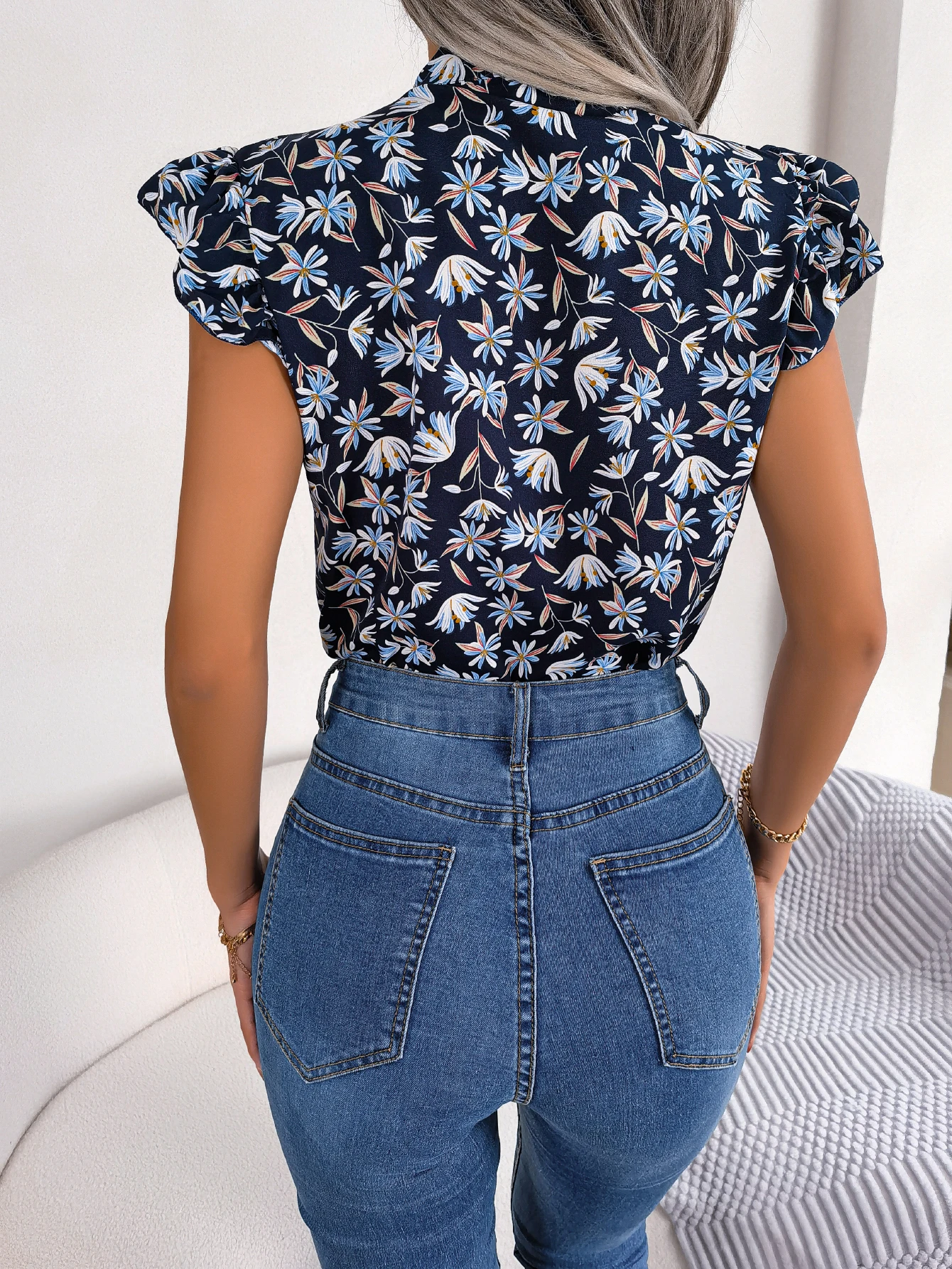 Women Casual Floral Print Bow Ruffles Chiffon Blouse Summer Top