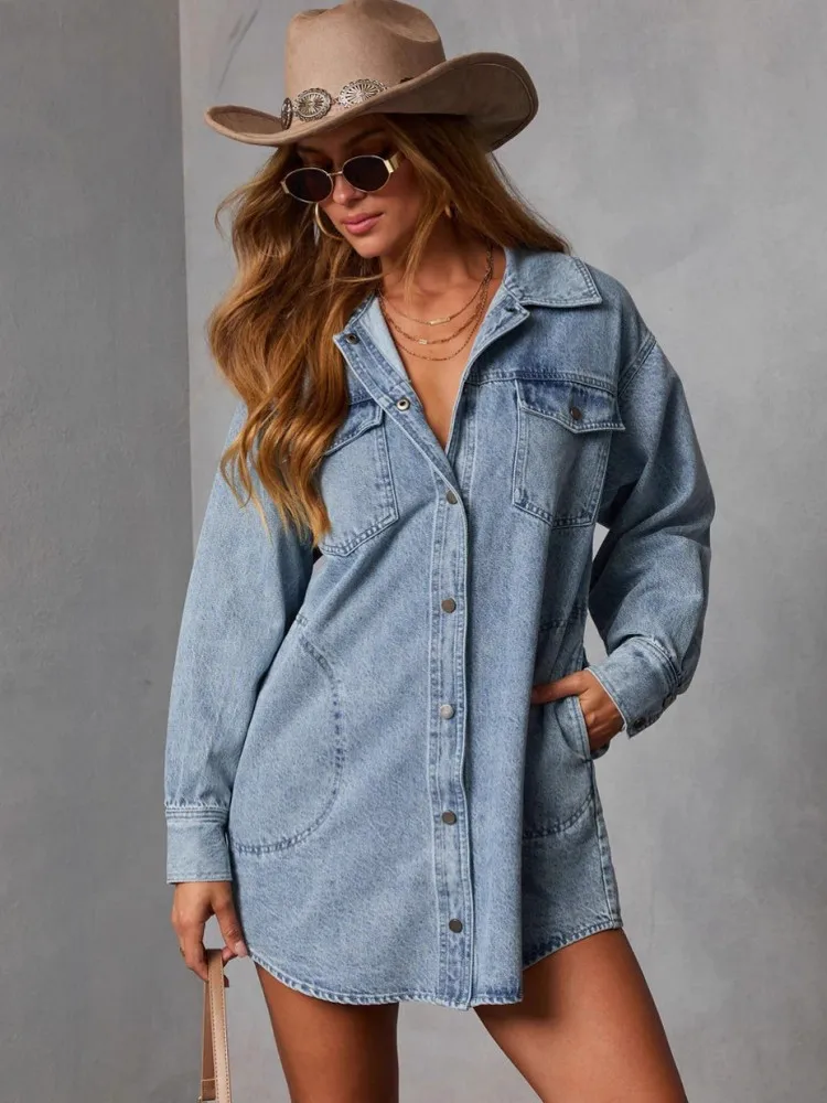 

2026 весенне-осенняя женская модная джинсовая однобортная прямая куртка с v-образным вырезом, винтажное модное пальто, уличные куртки, пальто